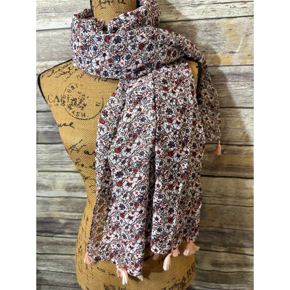 Floral Tassel Scarf Coral Blush Ditsy Print Square Lightweight Long Oversized